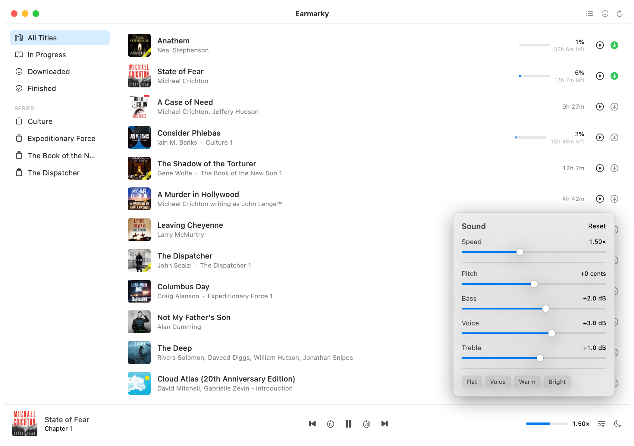 Earmarky showing a library of audiobooks with the sound controls open