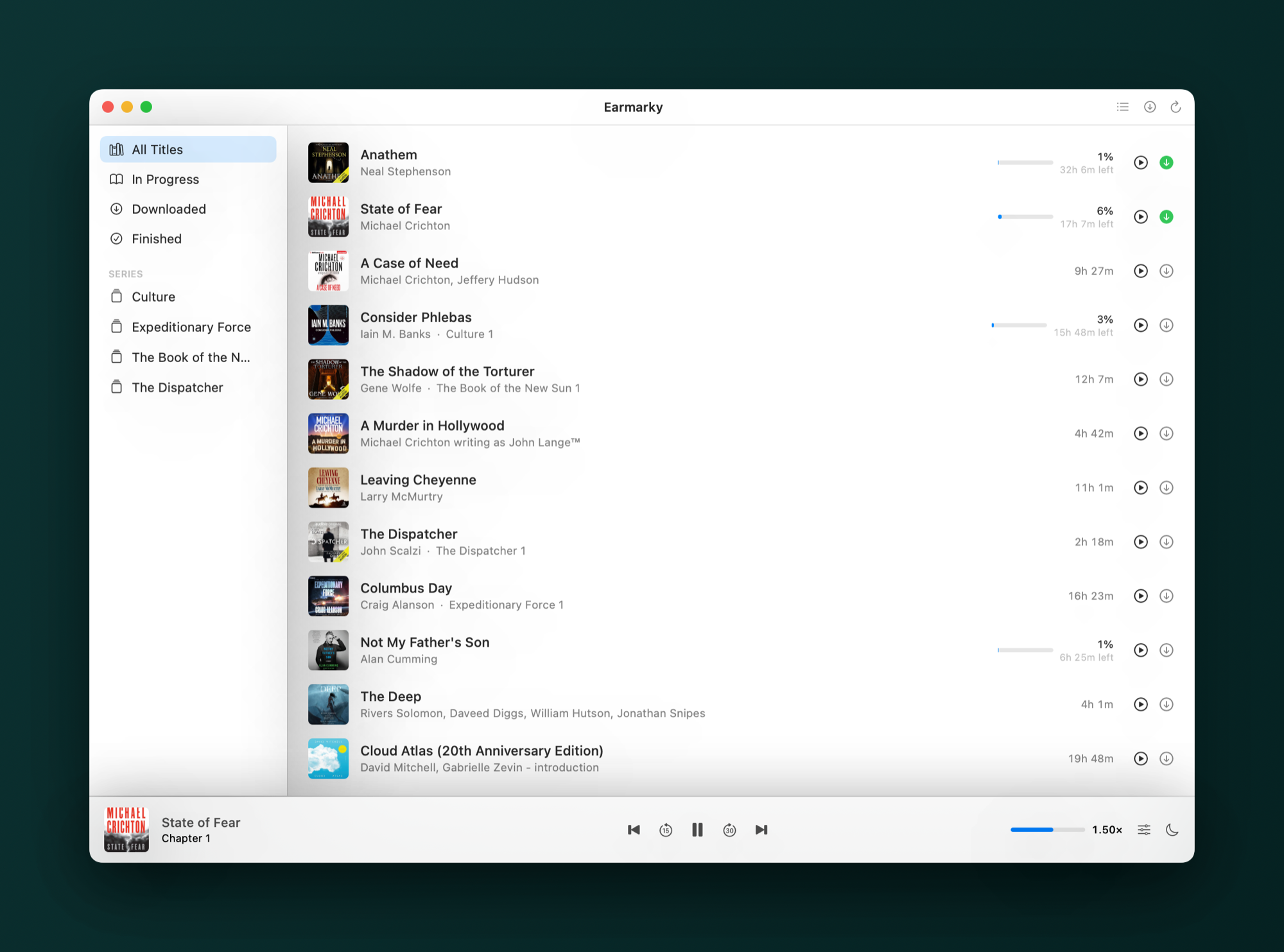 Earmarky showing a library of audiobooks as a list